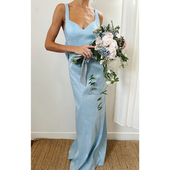 Show Me Your Mumu Charlotte Bow Dress in Light Blue Taffeta M - Picture 1 of 9